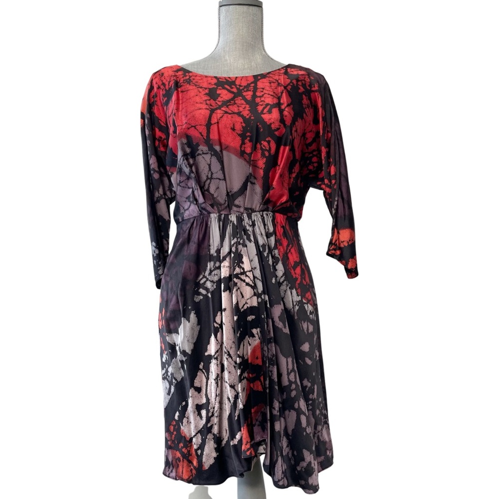 Tibi silk dress abstract print designer vintage cocktail red purple black